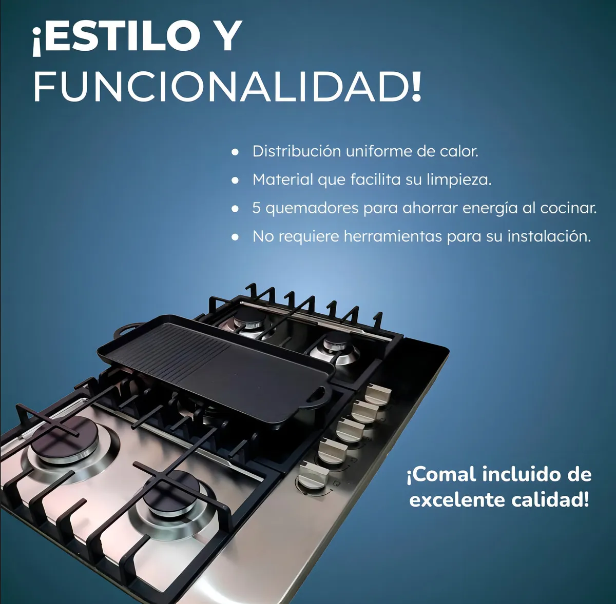Estufa Parrilla 5 Quemadores Acero Inoxidable Comal Incluido Color Plateado