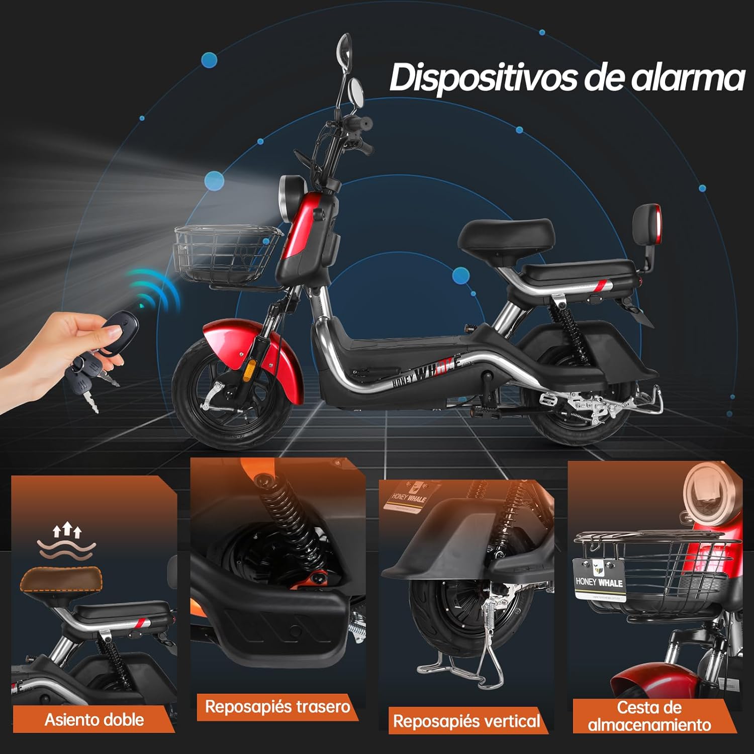 HONEYWHALE U3s Bicicleta eléctrica para adultos, bicicleta eléctrica con alarma, motor máximo 650W, velocidad máxima 31KM/H, autónoma 55-60KM, batería de gran capacidad 20AH, dos asientos----luces de coche