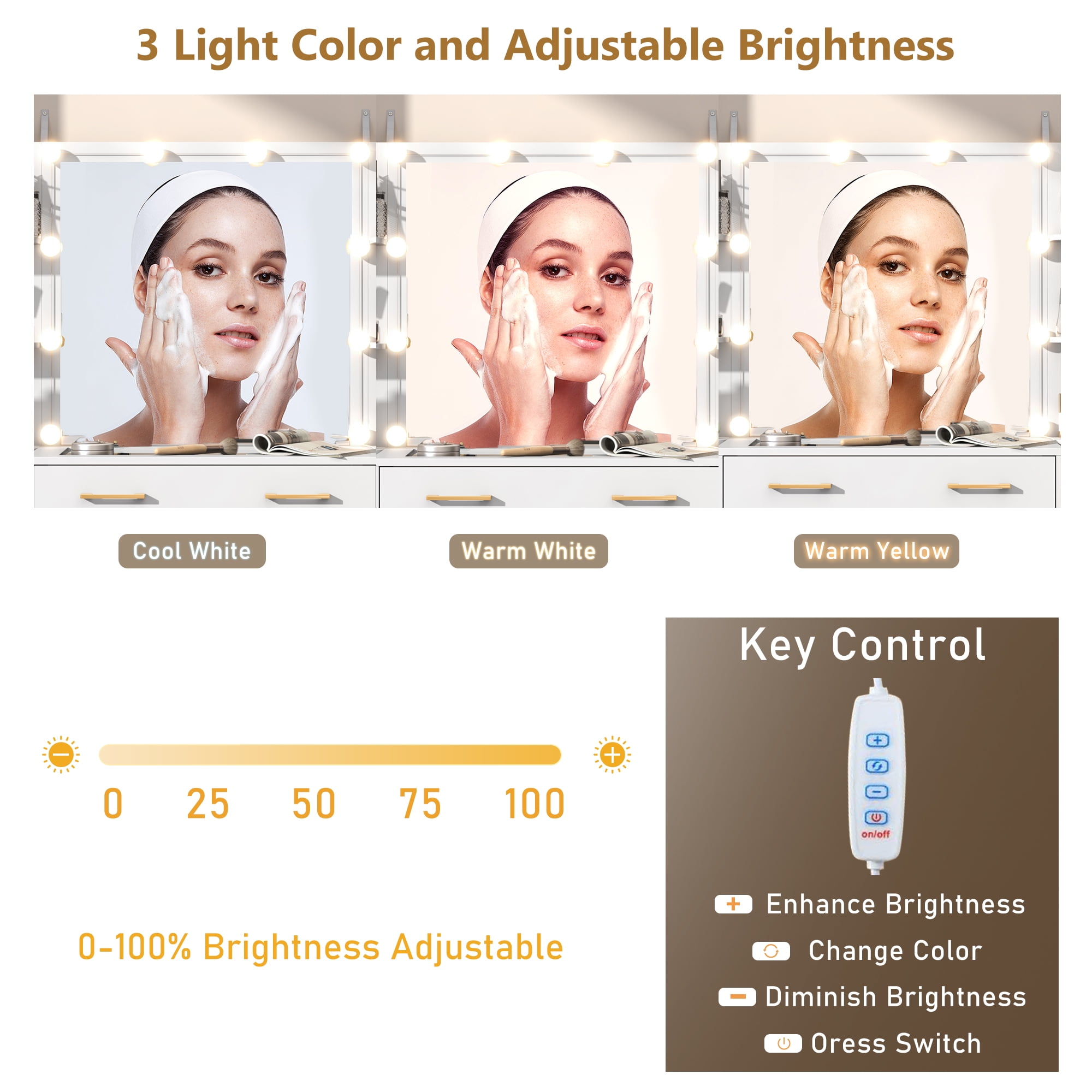 Tocador blanco con espejo y luces LED, tocador con tapa de cristal con estación de carga y cajones de almacenamiento con compartimentos, mesa de tocador de maquillaje grande con 9 cajones y 6 estantes