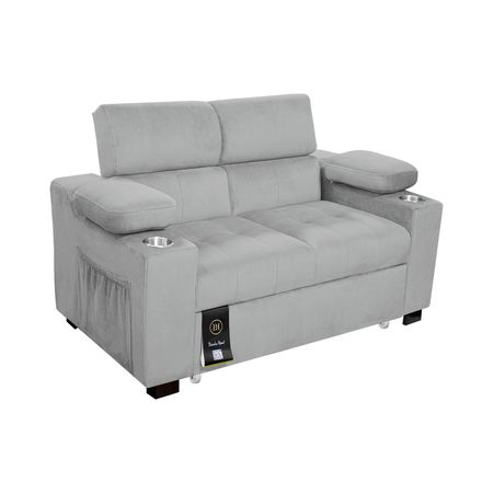 Sofá Cama Baltimore con Porta Vasos y Bolsillos Laterales 2 plz Gris Claro