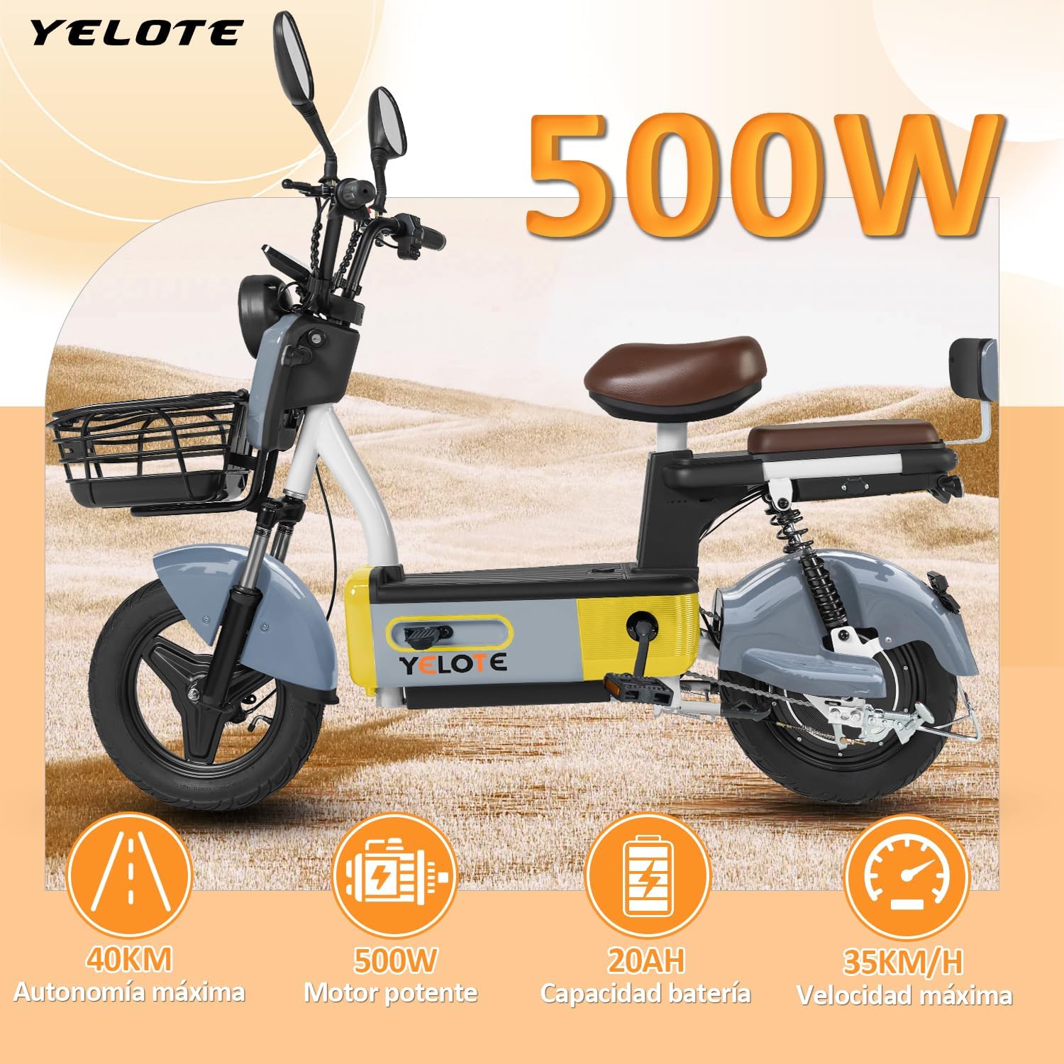 YELOTE Bicicleta Electrica Moto Electrica Velocidad Máxima 35KM/H,Autonomía 40-45KM,Baterías de Gran Capacidad de 20AH con Alarma