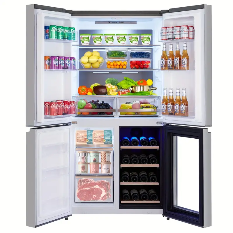 Refrigerador de puerta francesa Adoolla de 21 pies cúbicos, congelador inferior con gabinete para vinos, estantes de vidrio ajustables, refrigerador de cocina de 4 puertas en acero inoxidable, plateado detalles 4