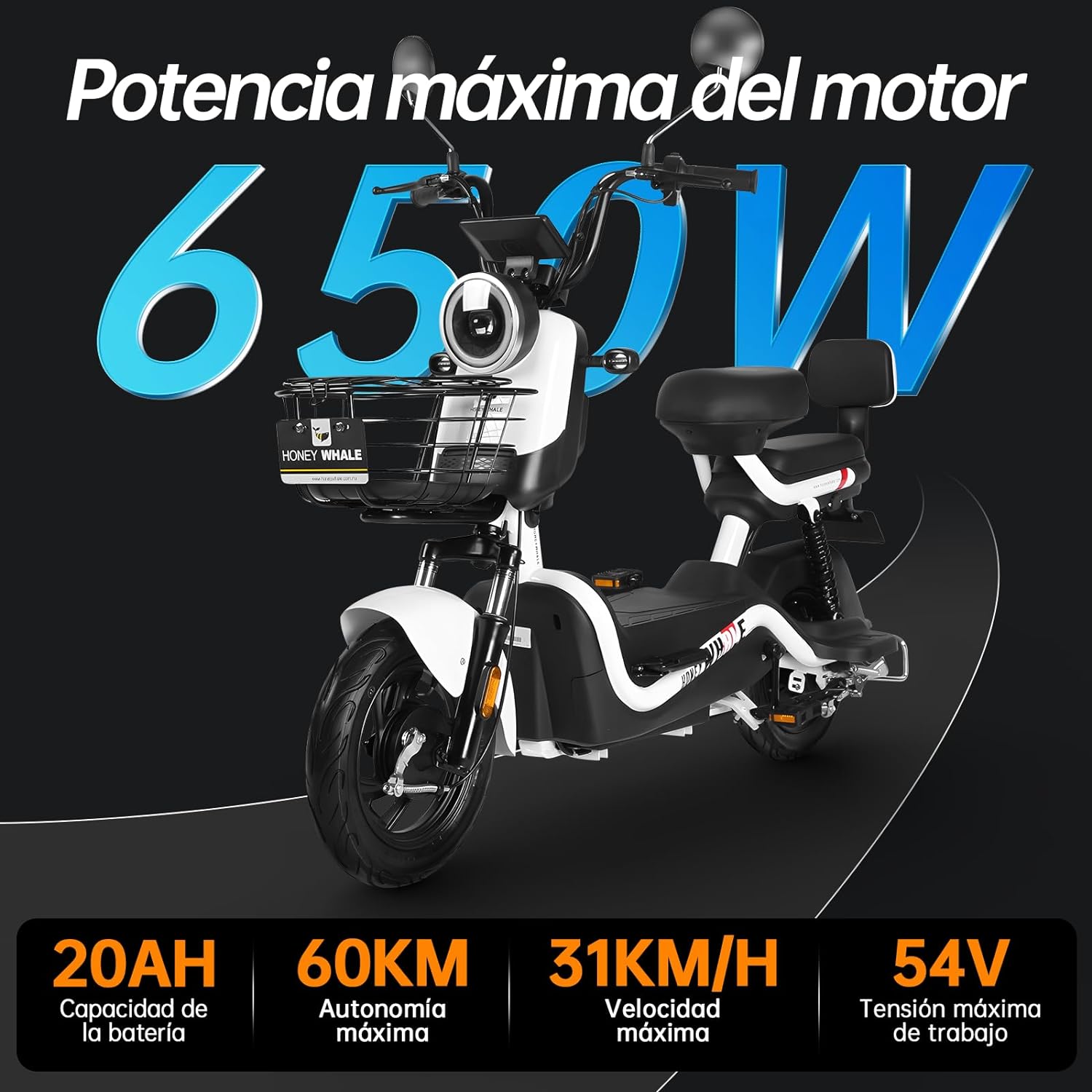 HONEYWHALE U3s Bicicleta eléctrica para adultos, bicicleta eléctrica con alarma, motor máximo 650W, velocidad máxima 31KM/H, autónoma 55-60KM, batería de gran capacidad 20AH, dos asientos----luces de coche