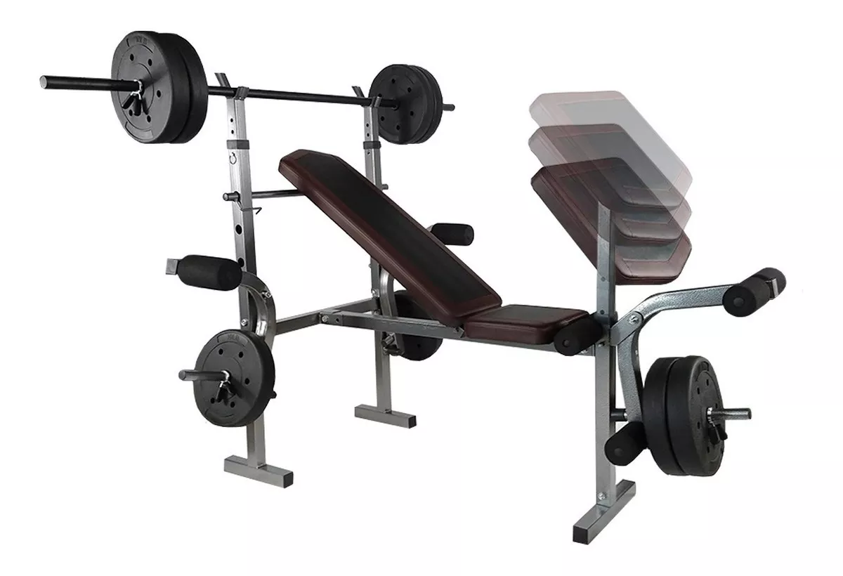 Banco Multiposiciones Kit Discos Gym Pesas Ejercicio Barra