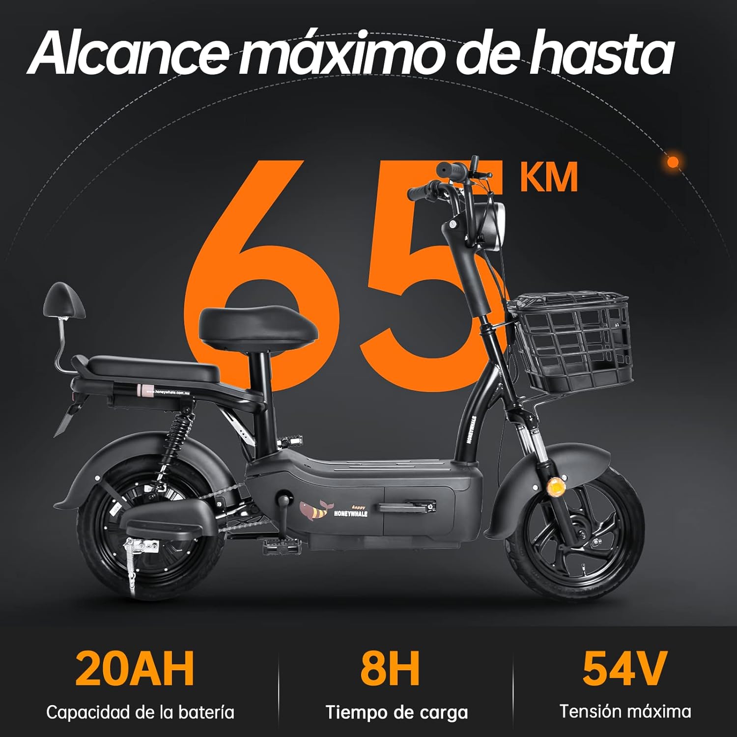 HONEYWHALE U1s Bicicleta Electrica para Adultos, Bicimoto Eléctrica con Alarma, Máxima del Motor 650W, Velocidad Máxima 31KM/H, Autonomía 60-65KM, Baterías de Gran Capacidad de 20AH, Dos Asientos