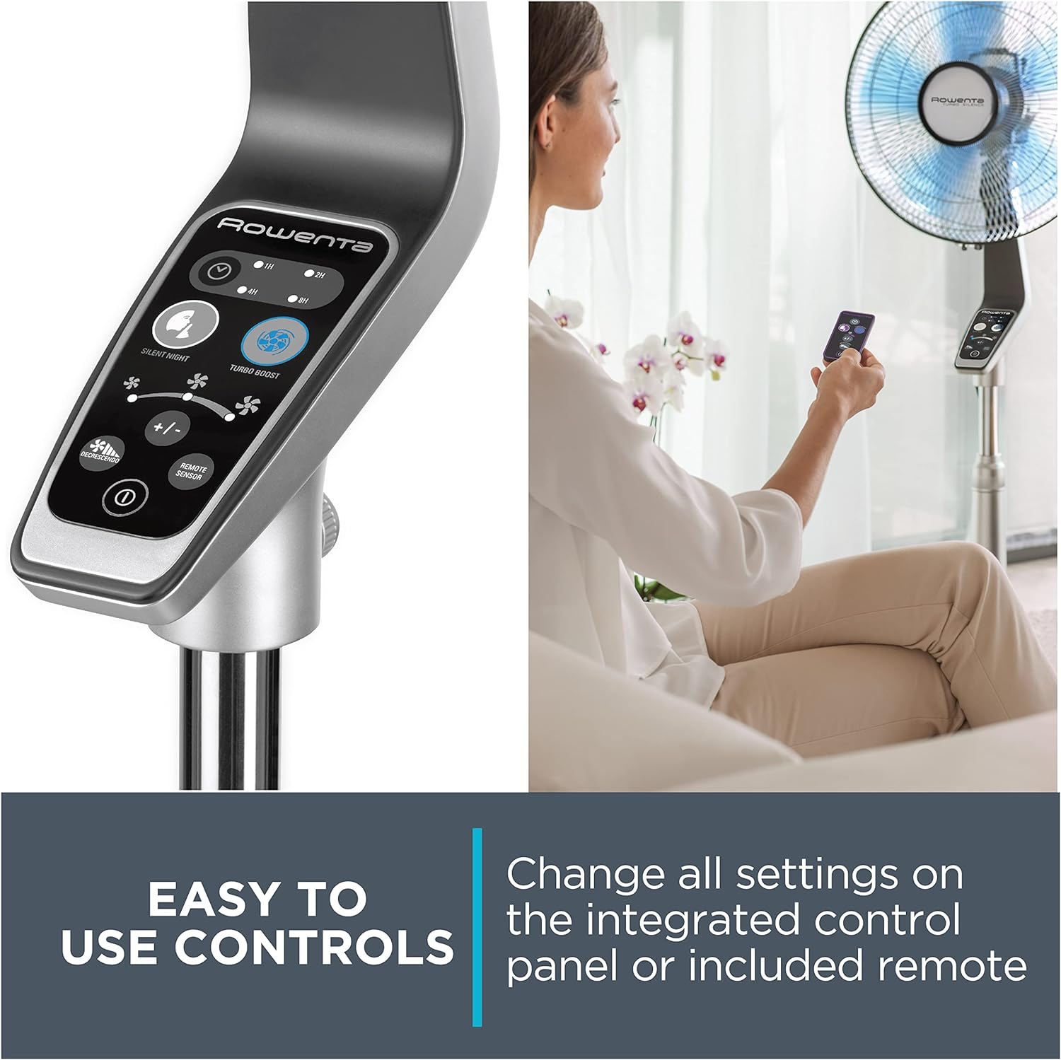 Rowenta Turbo Silence Standing Floor Fan with Remote 53 Inches Ultra Quiet Fan Oscillating, Portable, 5 Speeds, Indoor, Refresh Up to 23-Feet VU5670,Silver