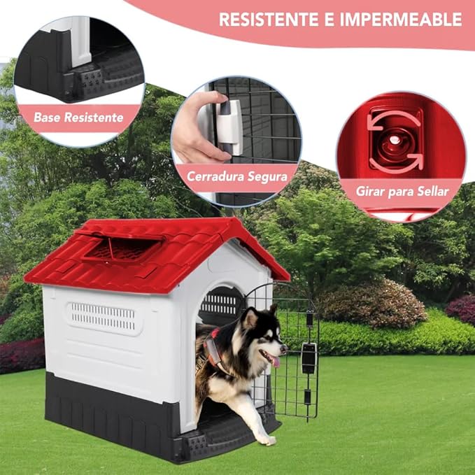 Q PERRON Casa para Perros Grande de Plástico con Puerta Métalica de 105 X 88 X 100 Cm. Amplia, Térmica, Impermeable con Ventilación, Piso Elevado, Fácil de Limpiar y Armar, Plegable.