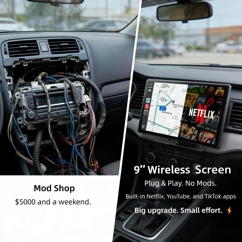 Pantalla inalámbrica CarPlay de 9" para autos antiguos: pantalla adicional para el tablero con Netflix/YouTube/TikTok integrados y kit de cámara de reversa 720P incluido, no requiere modificaciones del auto, funciona en autos, camionetas y SUV de 12-24V
