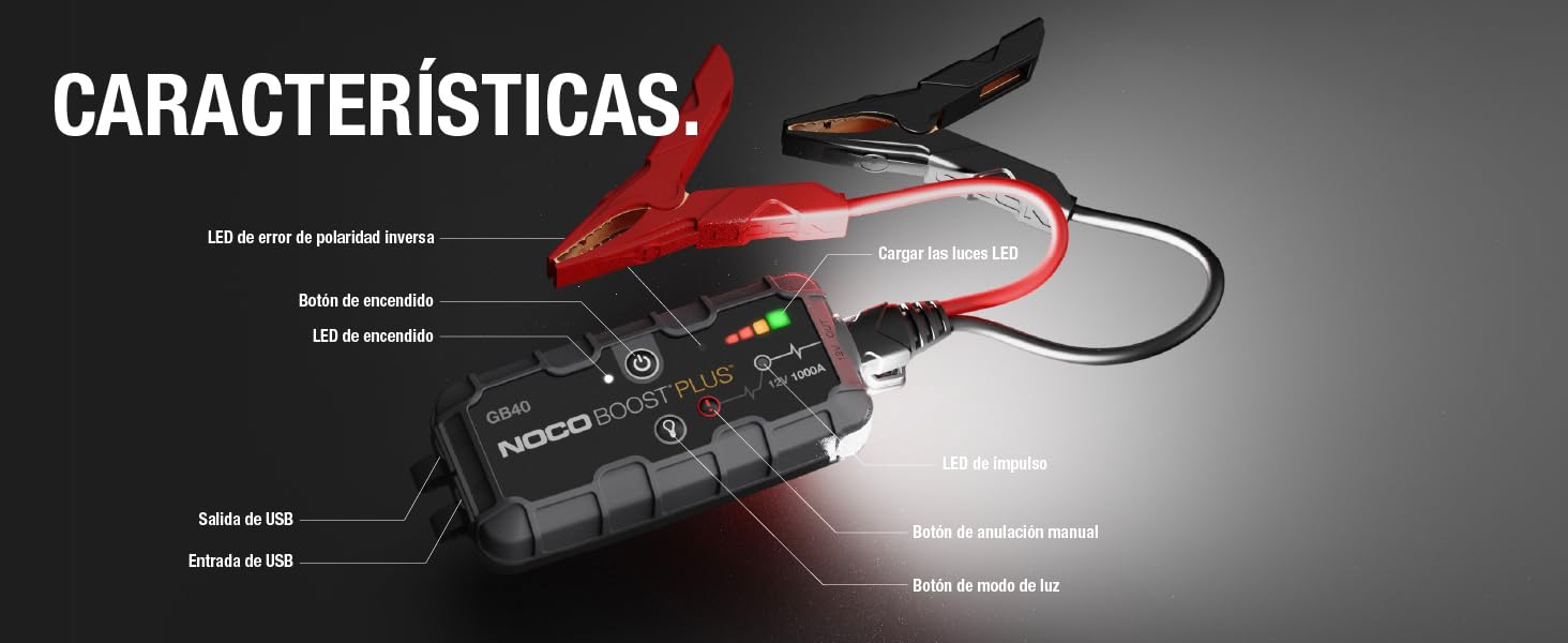 Características. Incluye puertos USB de entrada y salida, linterna LED y botón para modo manual.