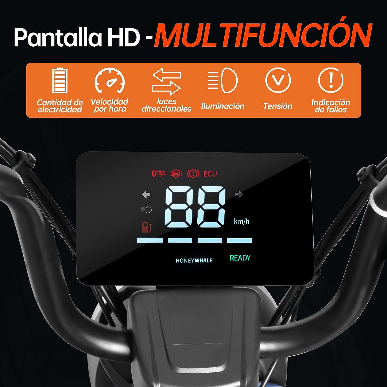 HONEYWHALE U3s Bicicleta eléctrica para adultos, bicicleta eléctrica con alarma, motor máximo 650W, velocidad máxima 31KM/H, autónoma 55-60KM, batería de gran capacidad 20AH, dos asientos----luces de coche