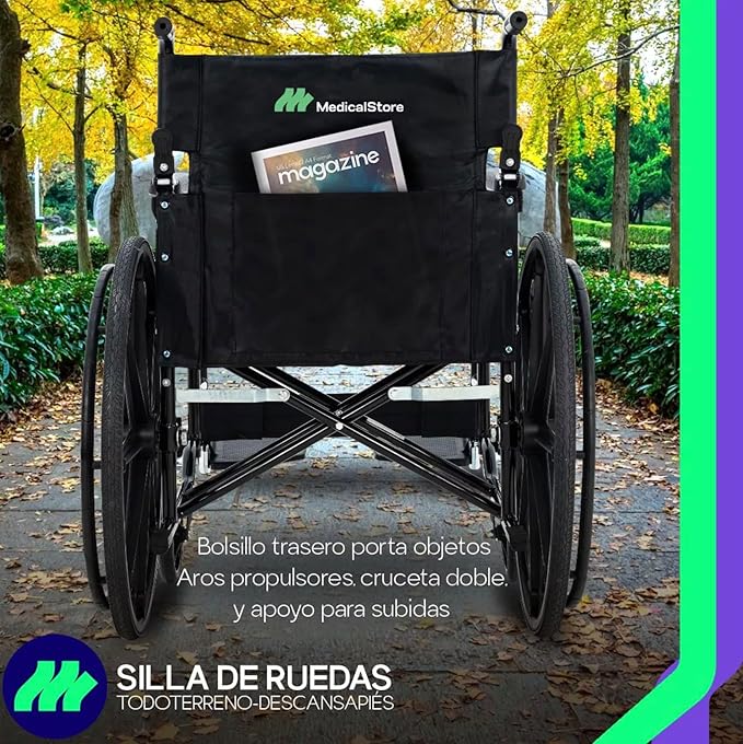 MEDICAL STORE Silla De Ruedas Ligera Adulto Mayor Todo Terreno Traslado Plegable Compacta Con Freno De Mano Rehabilitación Con Descansa Pies Abatible