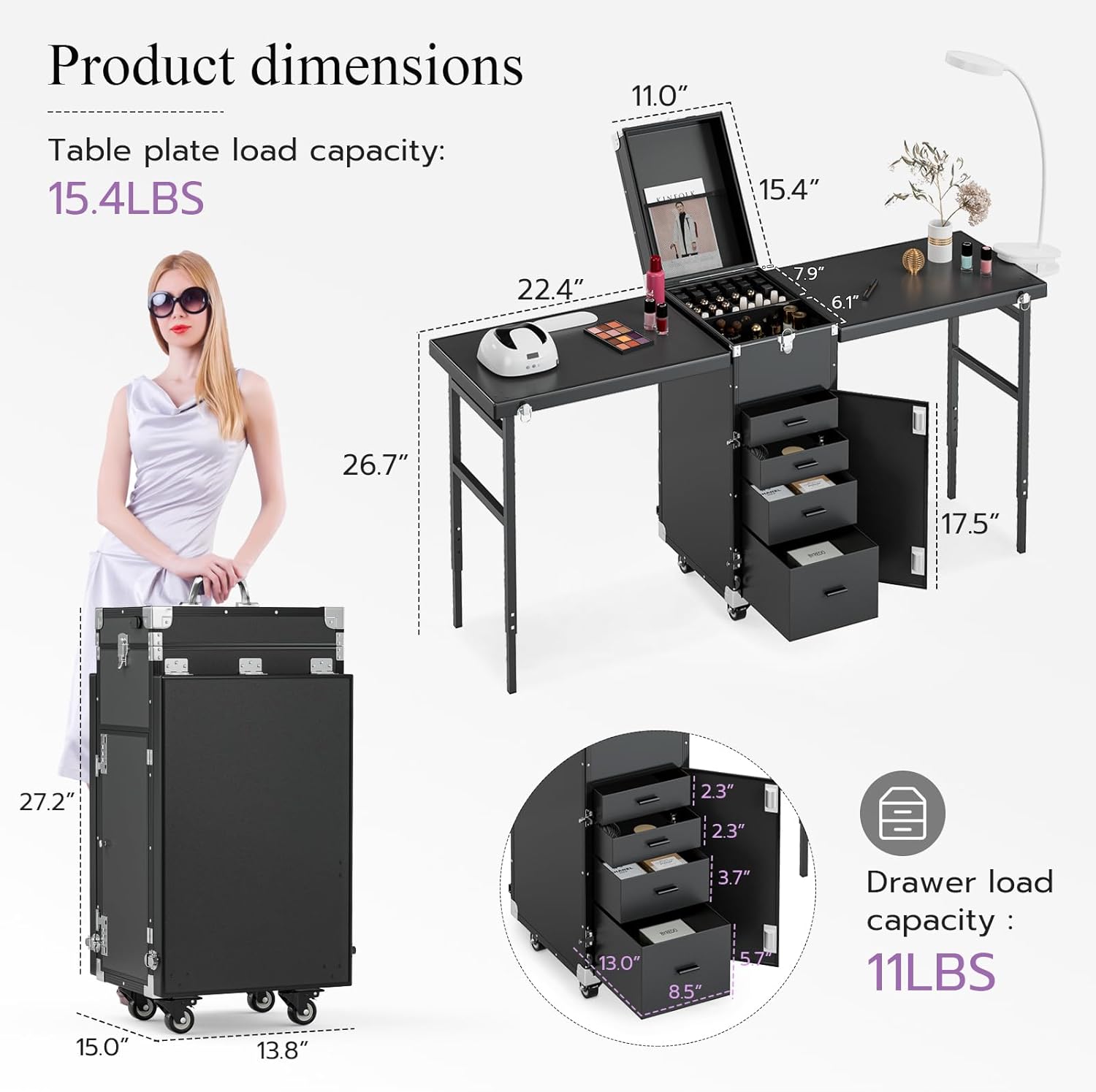 Icoget - computadora portátil para uñas, mesa plegable de manicura con rueda, estuche de maquillaje para enseñanza de uñas, 2 estuches para carros de cosméticos de computadora, color negro