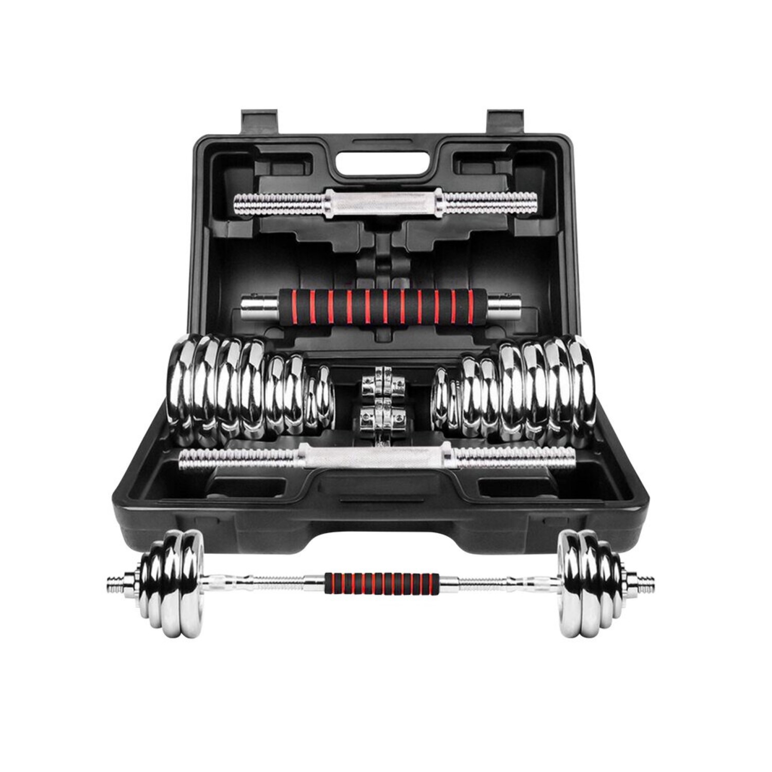 Set De Mancuernas 30 kg Acero Cromadas Barra y Maletín