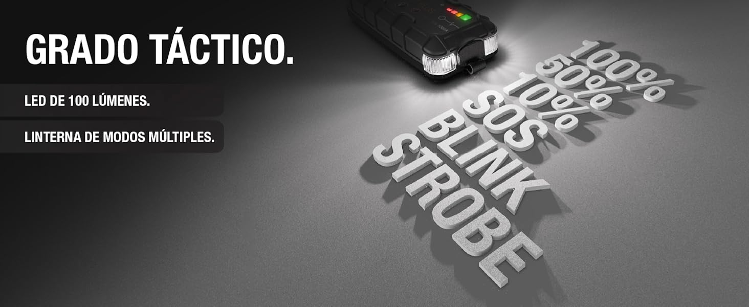 Linterna LED integrada con diversos modos: 100 %, 50 %, 10 %, SOS, parpadeo y estroboscópico.