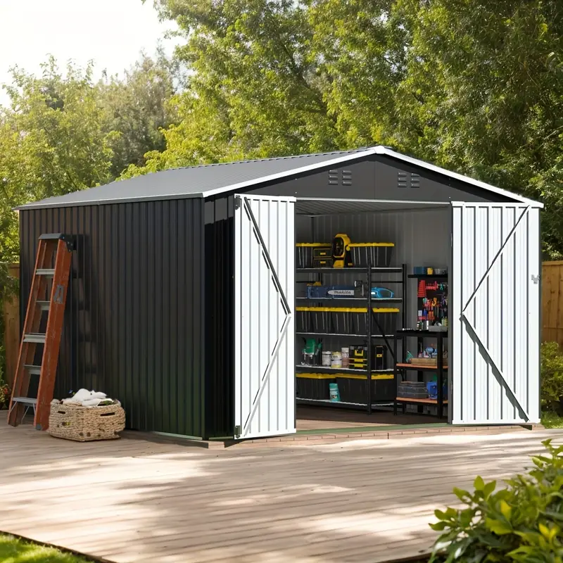 Cobertizo de almacenamiento exterior de 10'x10'FT, gran cobertizo de jardín, con techo inclinado y ventilación. Marco de puertas reforzadas y con cerradura actualizadas para cobertizo de metal para patio, patio trasero, garaje, césped, gris