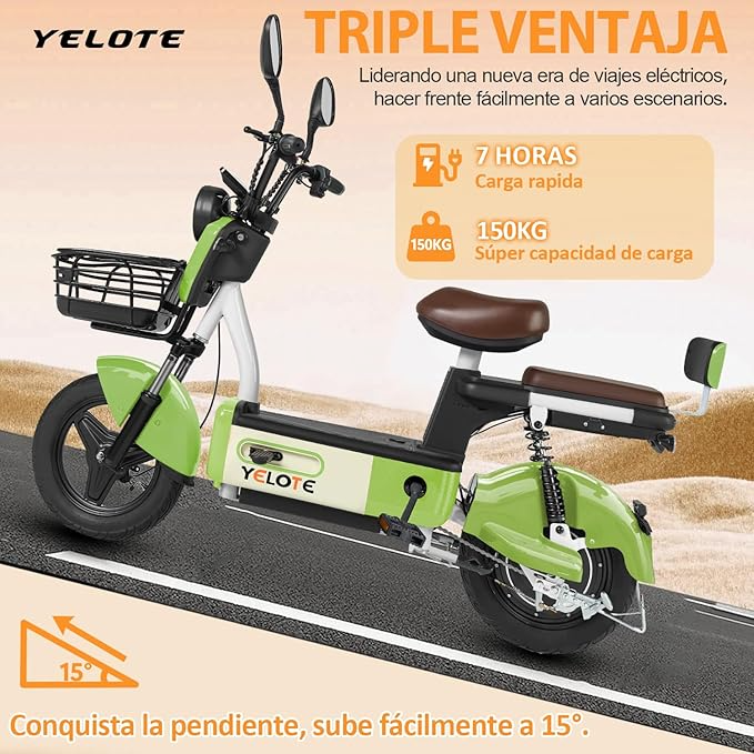 YELOTE Bicicleta Electrica Moto Electrica Velocidad Máxima 35KM/H,Autonomía 40-45KM,Baterías de Gran Capacidad de 20AH con Alarma
