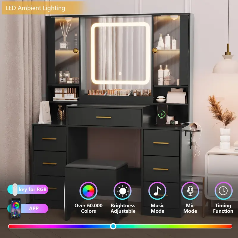 Espejo de tocador con luces Escritorio con silla y gabinete de vidrio LED, tocador con espejo iluminado y toma de corriente, tocador con 7 cajones