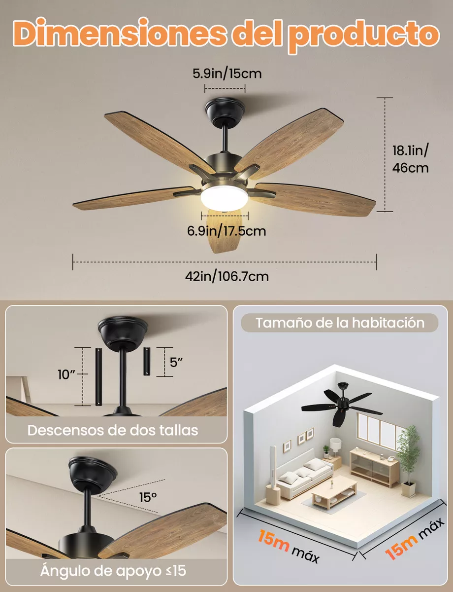 Ventilador De Techo Modernos De 42 Pulgadas, Ventilador De Techo Con Luz Led Y Control Remoto, Lampara Ventilador Silencioso De 5 Aspas Para Interior/exterior Con 3cct+6 Velocidades