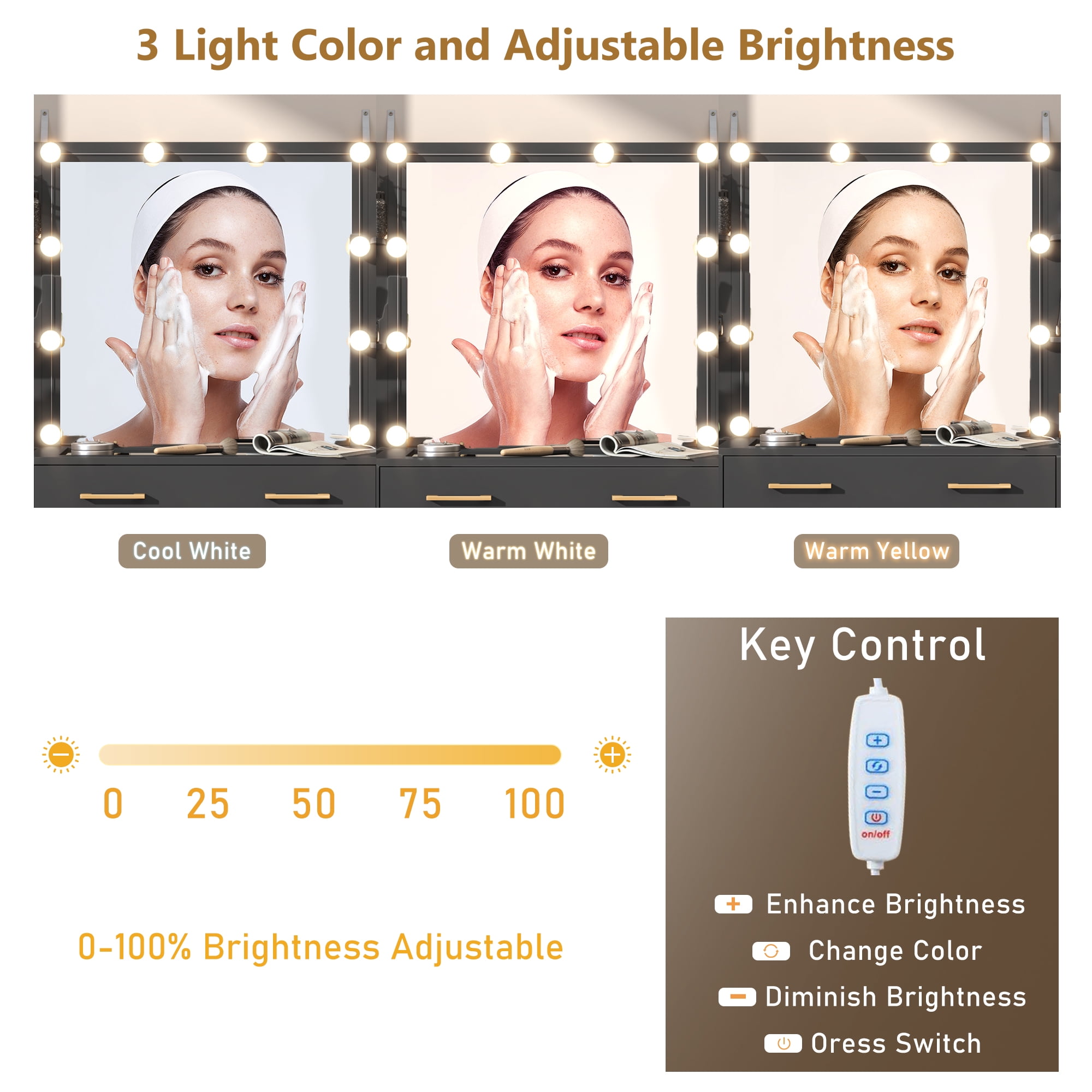 Tocador blanco con espejo y luces LED, tocador con tapa de cristal con estación de carga y cajones de almacenamiento con compartimentos, mesa de tocador de maquillaje grande con 9 cajones y 6 estantes