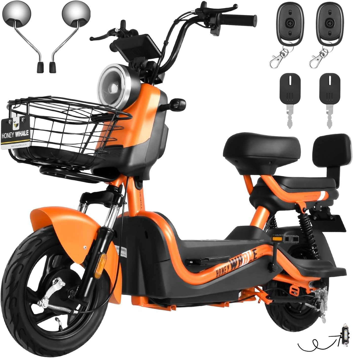 HONEYWHALE U3s Bicicleta eléctrica para adultos, bicicleta eléctrica con alarma, motor máximo 650W, velocidad máxima 31KM/H, autónoma 55-60KM, batería de gran capacidad 20AH, dos asientos----luces de coche