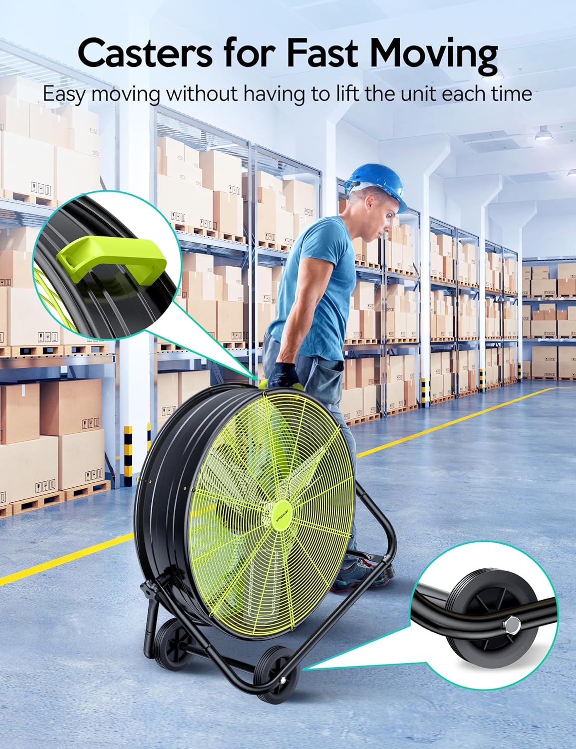 VAGKRI Ventilador Industrial de Tambor de 24 Pulgadas, Ventilador de Piso de Alta Velocidad de 320W, Circulador de Aire Metálico de 3 Velocidades para Trabajo Pesado, Inclinación de 360° con Mango