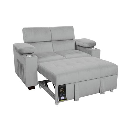 Sofá Cama Baltimore con Porta Vasos y Bolsillos Laterales 2 plz Gris Claro