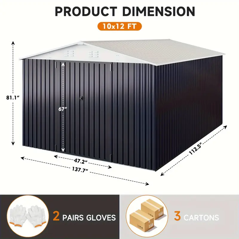 Cobertizo de almacenamiento exterior de 10'x10'FT, gran cobertizo de jardín, con techo inclinado y ventilación. Marco de puertas reforzadas y con cerradura actualizadas para cobertizo de metal para patio, patio trasero, garaje, césped, gris