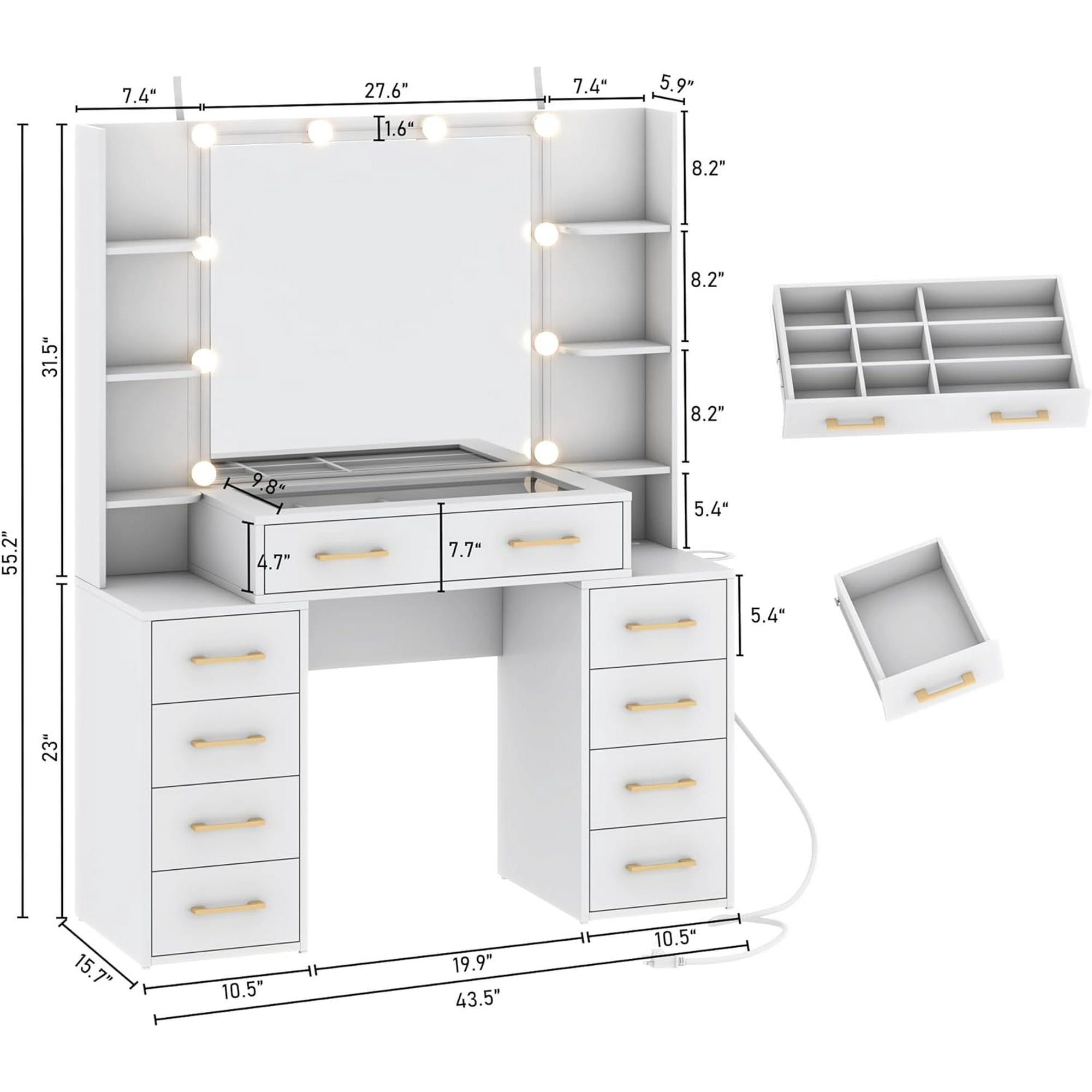 Tocador blanco con espejo y luces LED, tocador con tapa de cristal con estación de carga y cajones de almacenamiento con compartimentos, mesa de tocador de maquillaje grande con 9 cajones y 6 estantes
