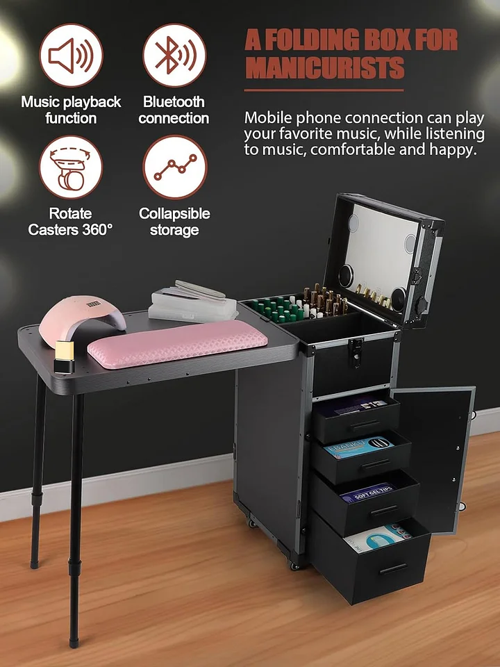 Mesa de manicura enrollable para tren de maquillaje con computadora de uñas plegable, estación de trabajo de maquillaje