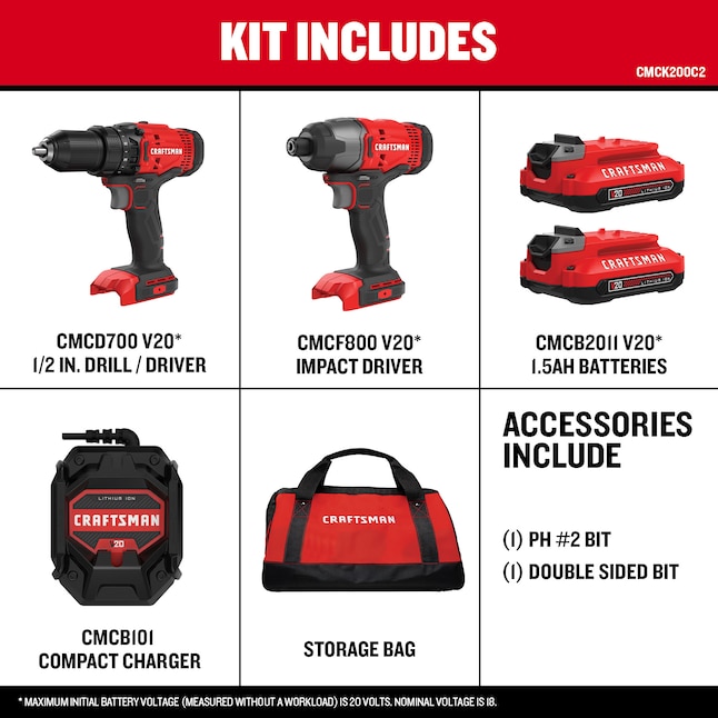 CRAFTSMAN V20 Kit combinado de herramientas eléctricas de 2 herramientas de 20 voltios máx. con estuche blando (2 baterías incluidas y cargador incluido)