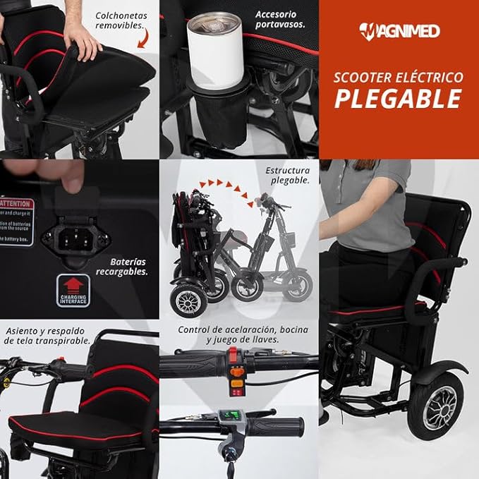 Silla De Ruedas Electrica Scooter Plegable | Facil transporte, Luces delanteras, Botón de control de avance y retroceso, Soporta 100 Kg-Muñeca