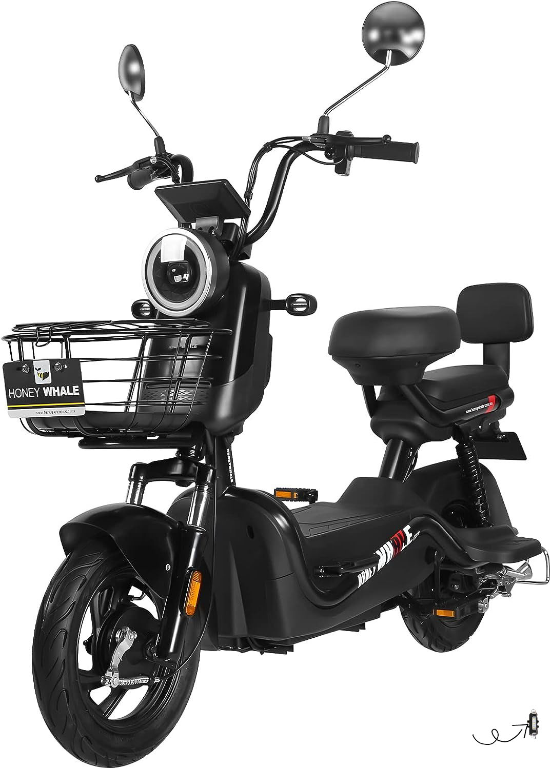 HONEYWHALE U3s Bicicleta eléctrica para adultos, bicicleta eléctrica con alarma, motor máximo 650W, velocidad máxima 31KM/H, autónoma 55-60KM, batería de gran capacidad 20AH, dos asientos----luces de coche