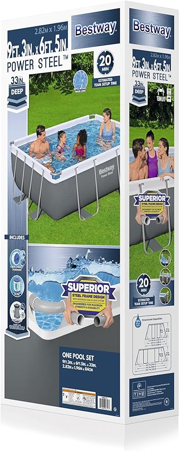 Bestway Power Steel - Juego de Piscina Rectangular de 9 pies 3 Pulgadas x 6 pies 5 Pulgadas x 33 Pulgadas, Incluye Bomba de Filtro de 330 galones y dispensador ChemConnect