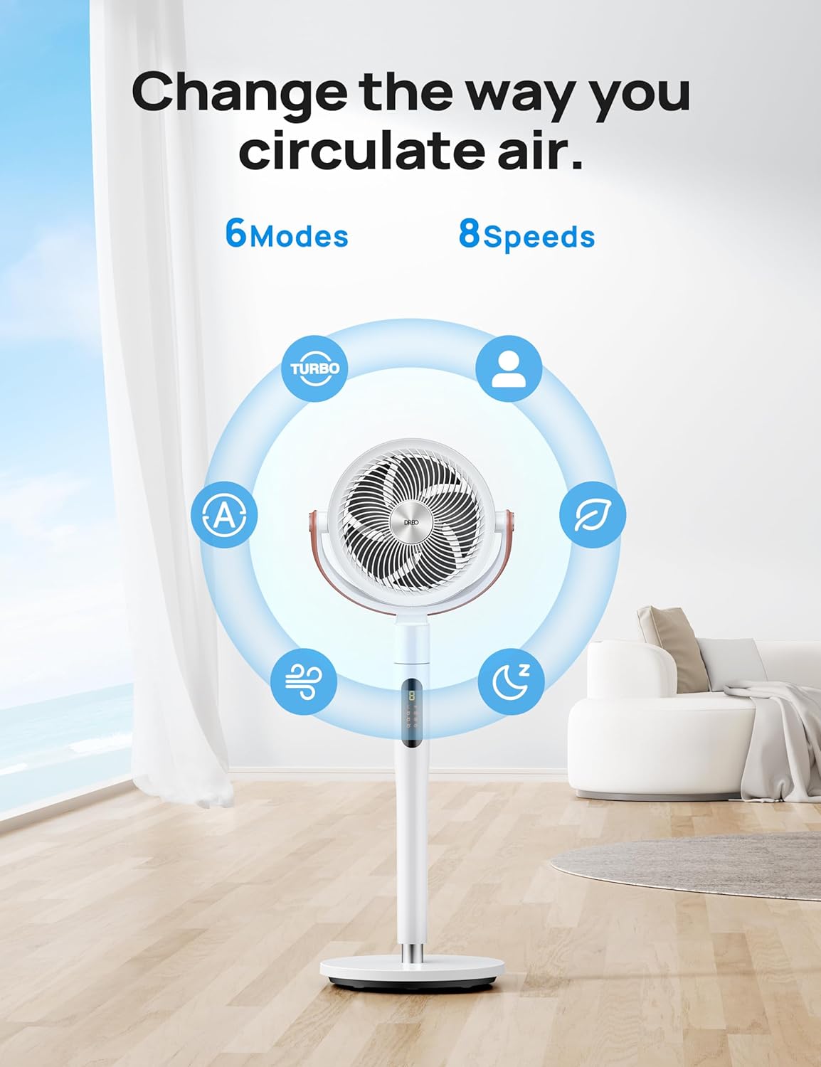 Dreo Pedestal Fan with Remote, PolyFan 513S, 43'' Quiet Standing Fan for Home Bedroom, 120°+105° Smart Oscillating Floor Fans with Wi-Fi/Voice Control, Works with Alexa/Google, 6 Modes, 8 Speeds