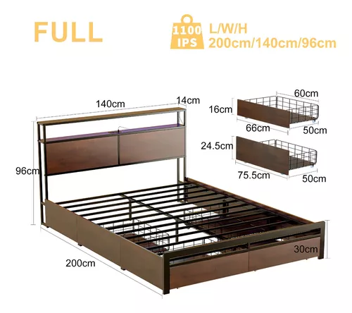 Cama Matrimonial Full Base+ Cabecera+ Cajones Luces Led Usb Color Marrón