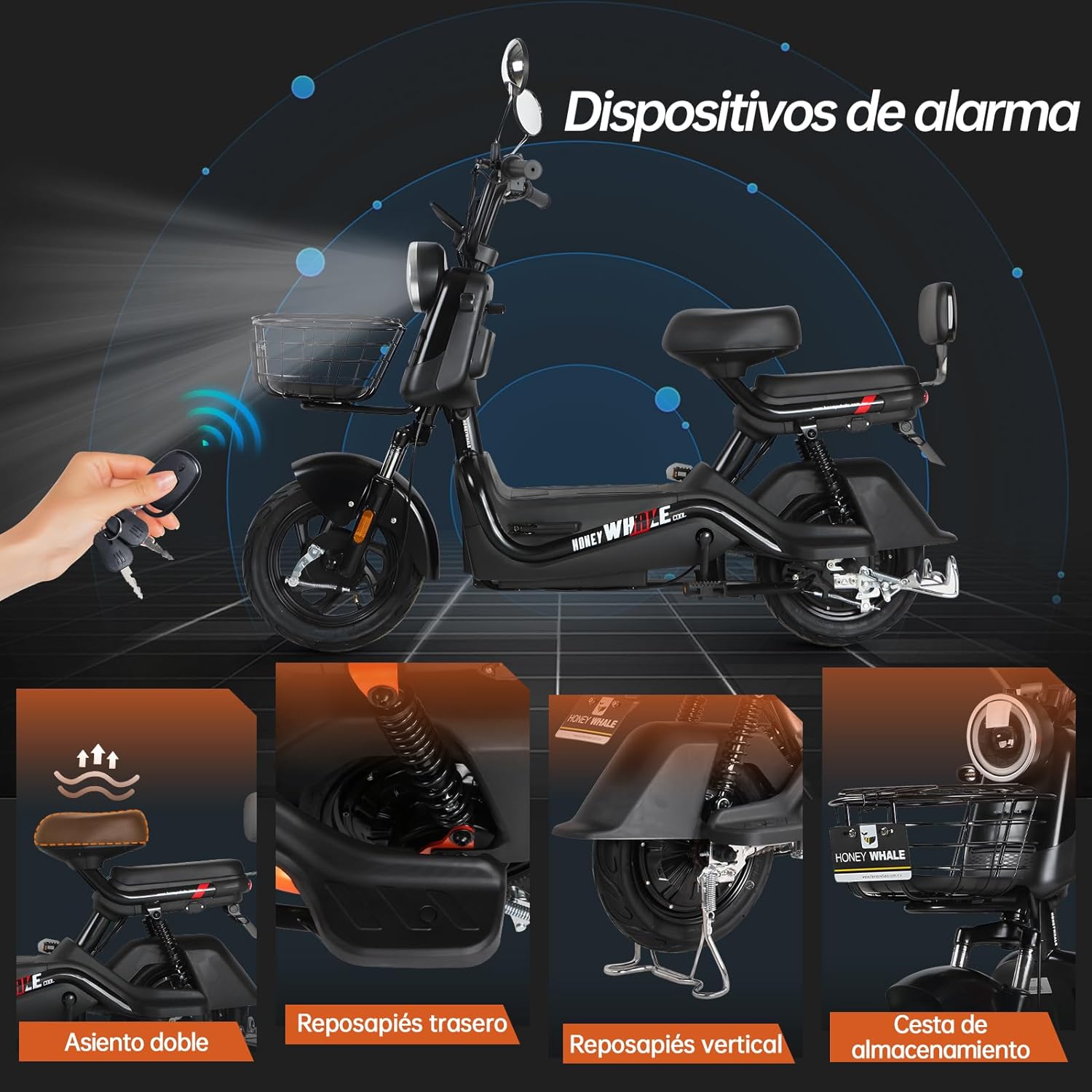 HONEYWHALE U3s Bicicleta eléctrica para adultos, bicicleta eléctrica con alarma, motor máximo 650W, velocidad máxima 31KM/H, autónoma 55-60KM, batería de gran capacidad 20AH, dos asientos----luces de coche