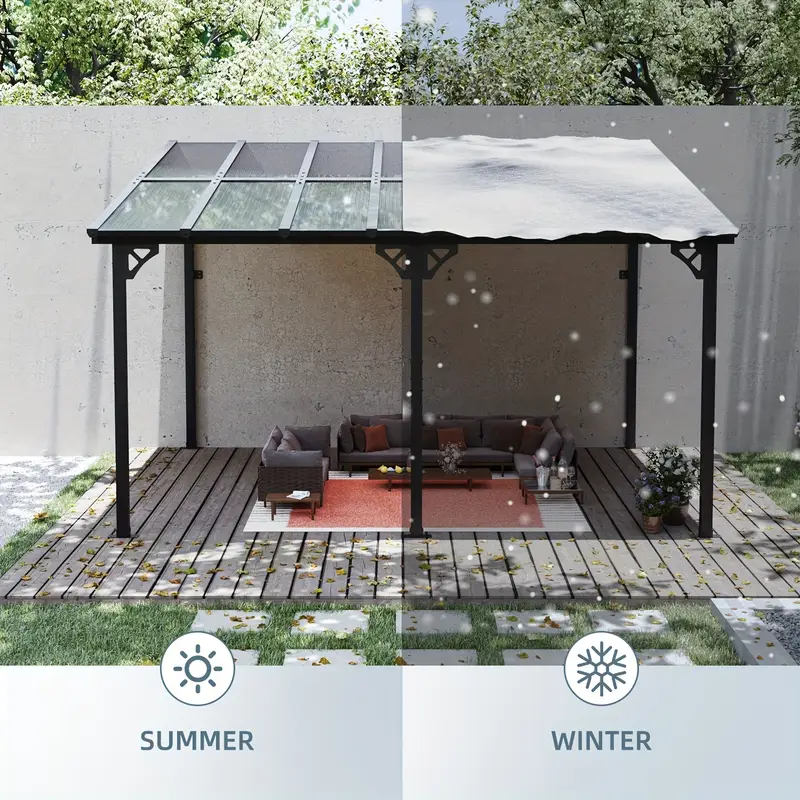 Sonegra Gazebo pérgola de pared resistente de 10'x14', toldo exterior de aluminio negro con paneles transparentes para patio, terraza y patio trasero