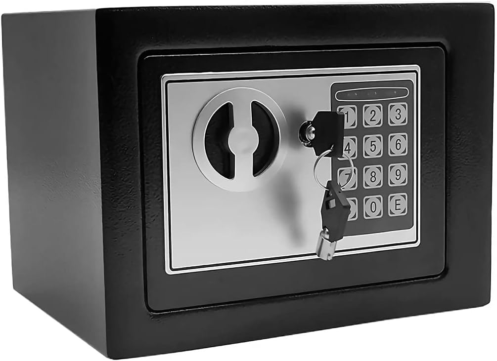 Raganet, Caja fuerte de Seguridad Digital de Contraseña, Acero Reforzado, Medidas: 23cm X 17cm X 17cm, Incluye 2 llaves, Montaje de pared y Baterias