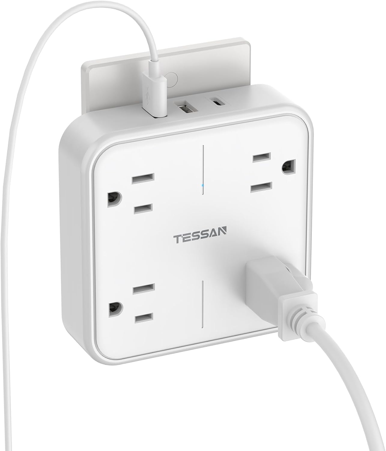 TESSAN Regleta Multicontacto Pared, Protector de Sobretensiones con 4 Enchufes de CA y 3 USB (1 USB C), Conector Multiple Outlet para el Hogar, Oficina, Dormitorio, Viaje Accesorios, Gris