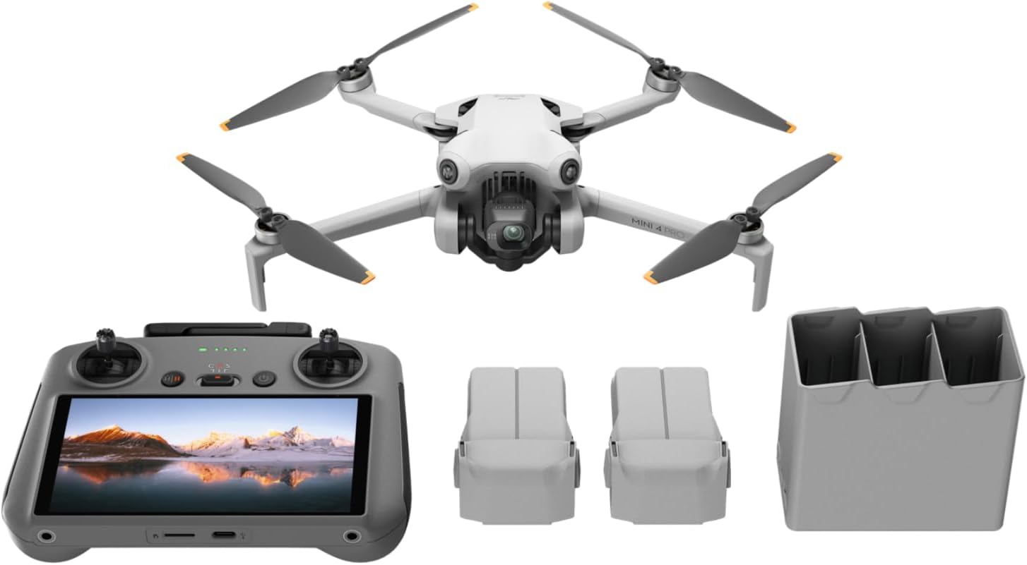 Pack DJI Mini 4 Pro Vuela Más Plus con DJI RC 2 (control remoto con pantalla), cámara de vídeo 4K HDR para adultos, con 2 baterías de vuelo inteligentes adicionales para 45 min de tiempo de vuelo