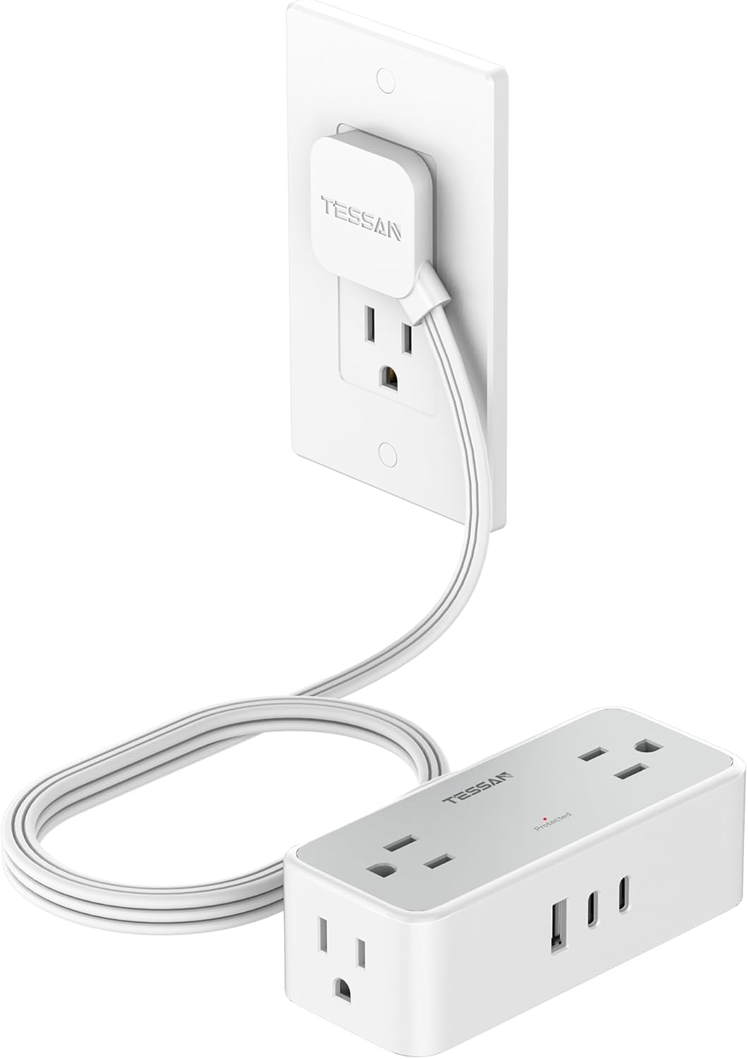 TESSAN Extension Electrica Plano 1.5 M, Plana Regleta Multicontacto Extensión con Protector de Sobretensión, 4 Salidas de CA y 3 USB(1 USB C), Conector Multiple Enchufe para Hogar Oficina Dorm, Gris