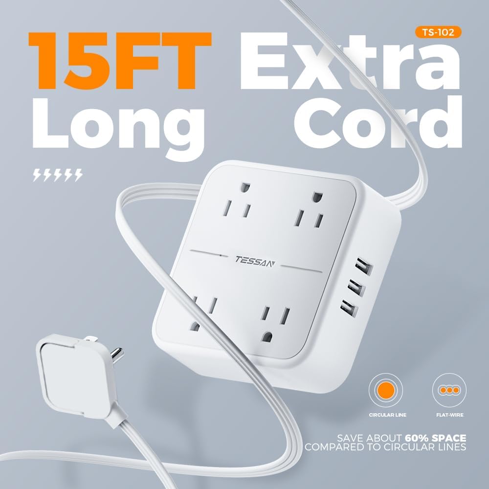 TESSAN Regleta Multicontacto con Protector de Sobretensión, 1.5M Plana Extension Electrica, Enchufe Plano Conector Multiple con 4 Salidas y 3 USB (1 USB C), Hogar Oficina Dorm, Gris