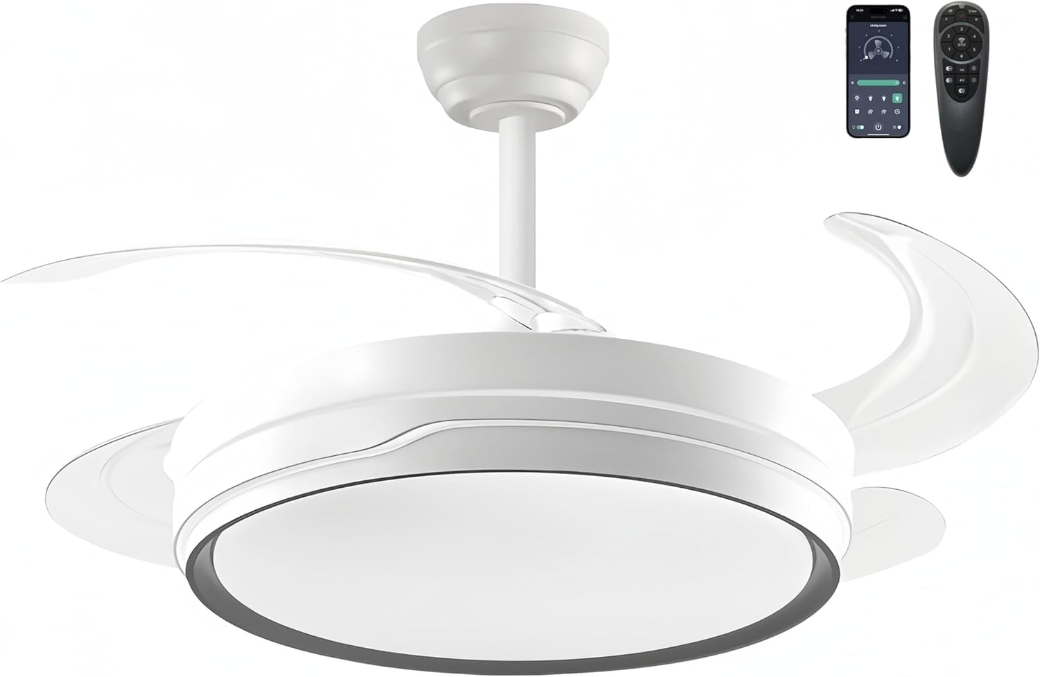 LEDUNI Ventilador con Luz LED con mando+APP 50CM, Motor DC +Luz LED, 66W, temporizador, 6 velocidades, aspas retráctiles, 3 temperaturas de luz, función verano-invierno Silencioso