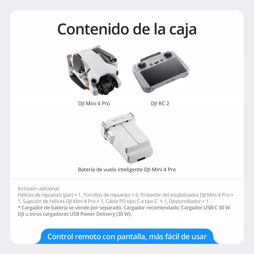 Pack DJI Mini 4 Pro Vuela Más Plus con DJI RC 2 (control remoto con pantalla), cámara de vídeo 4K HDR para adultos, con 2 baterías de vuelo inteligentes adicionales para 45 min de tiempo de vuelo