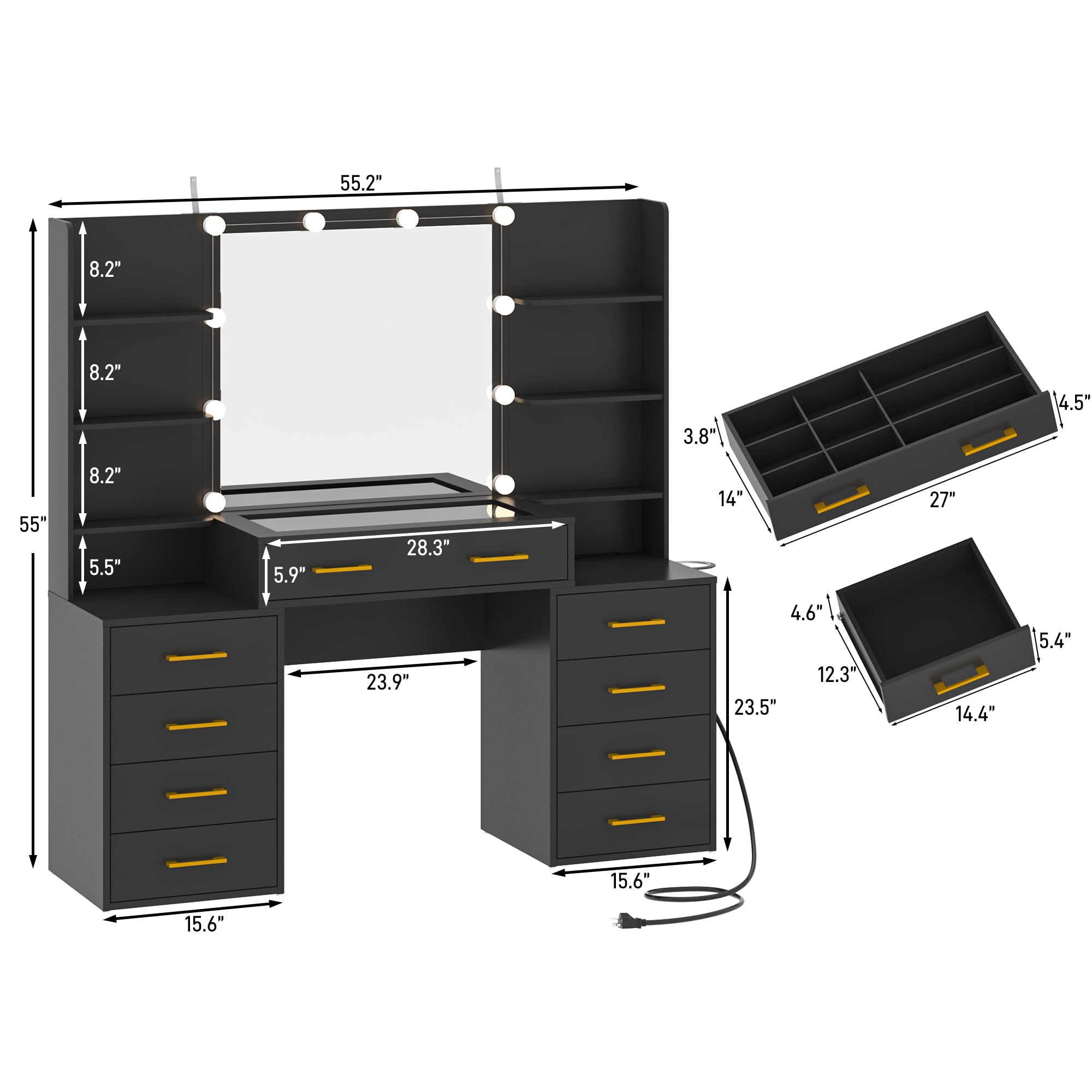 Tocador blanco con espejo y luces LED, tocador con tapa de cristal con estación de carga y cajones de almacenamiento con compartimentos, mesa de tocador de maquillaje grande con 9 cajones y 6 estantes