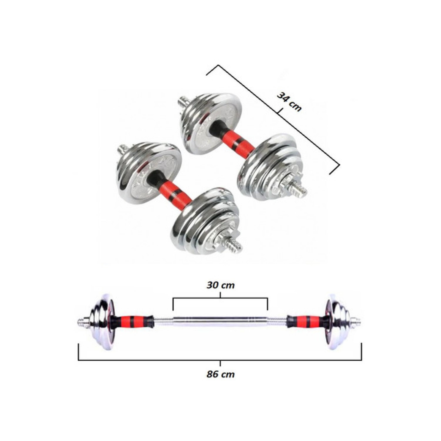 Set De Mancuernas 30 kg Acero Cromadas Barra y Maletín