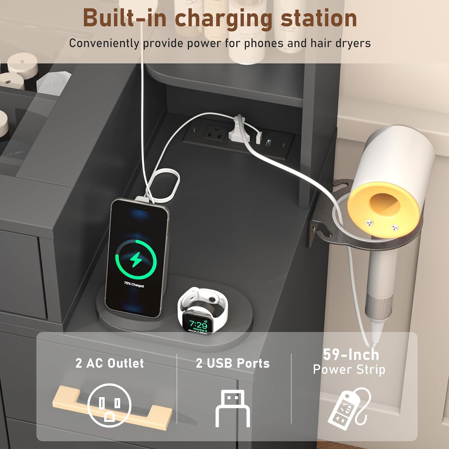 Tocador blanco con espejo y luces LED, tocador con tapa de cristal con estación de carga y cajones de almacenamiento con compartimentos, mesa de tocador de maquillaje grande con 9 cajones y 6 estantes