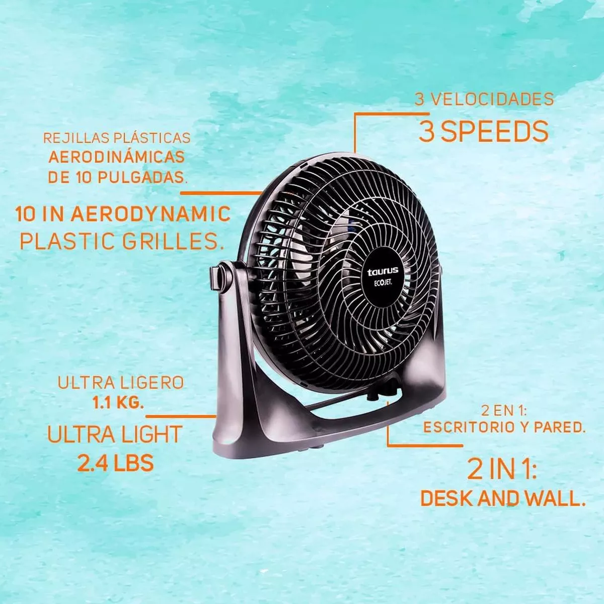 Ventilador Mesa Y Pared Taurus Oasis 10 Pul. Gran Flujo Cantidad de aspas 6 Color de la estructura Negro Diámetro 26 cm Material de las aspas Plástico-clavo