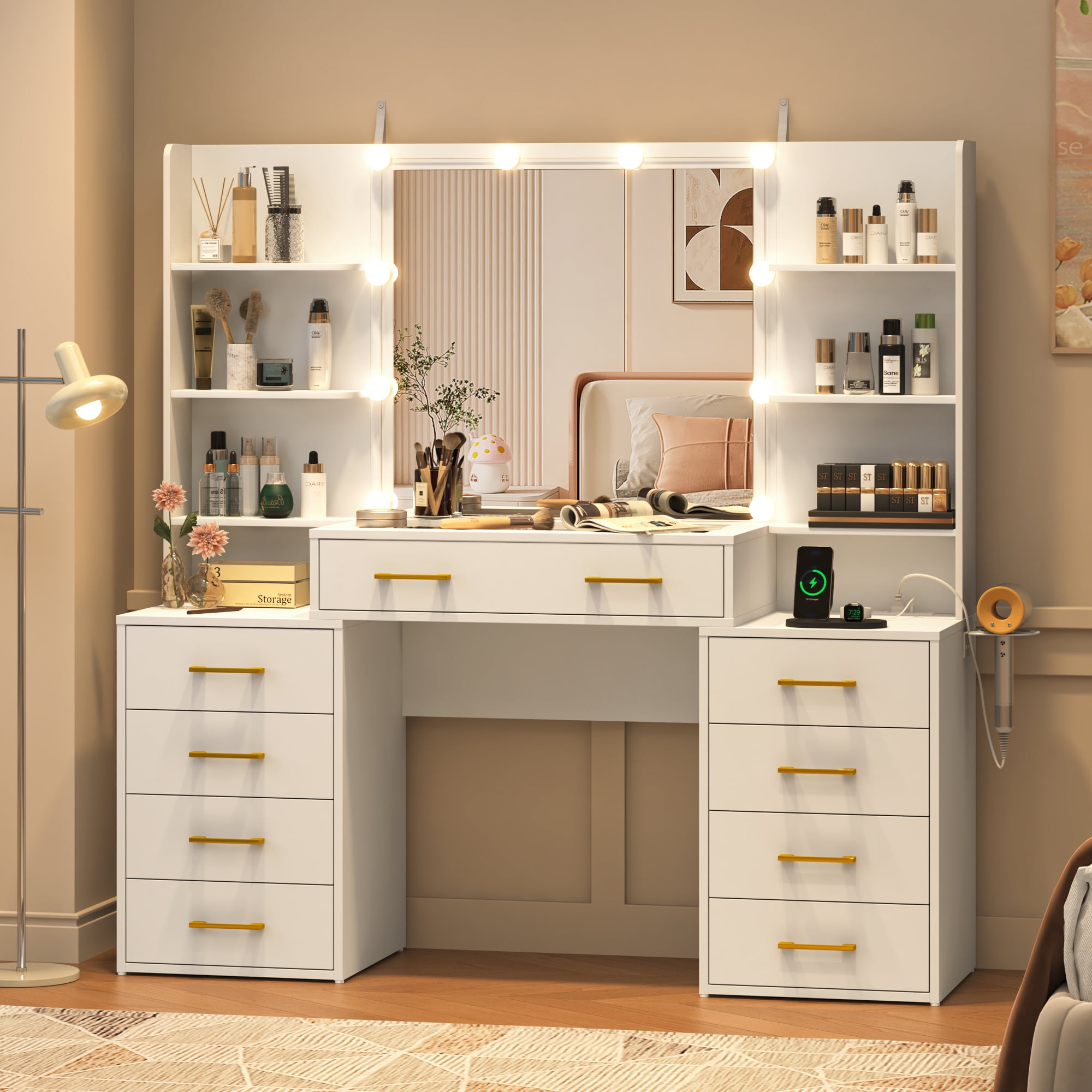 Tocador blanco con espejo y luces LED, tocador con tapa de cristal con estación de carga y cajones de almacenamiento con compartimentos, mesa de tocador de maquillaje grande con 9 cajones y 6 estantes