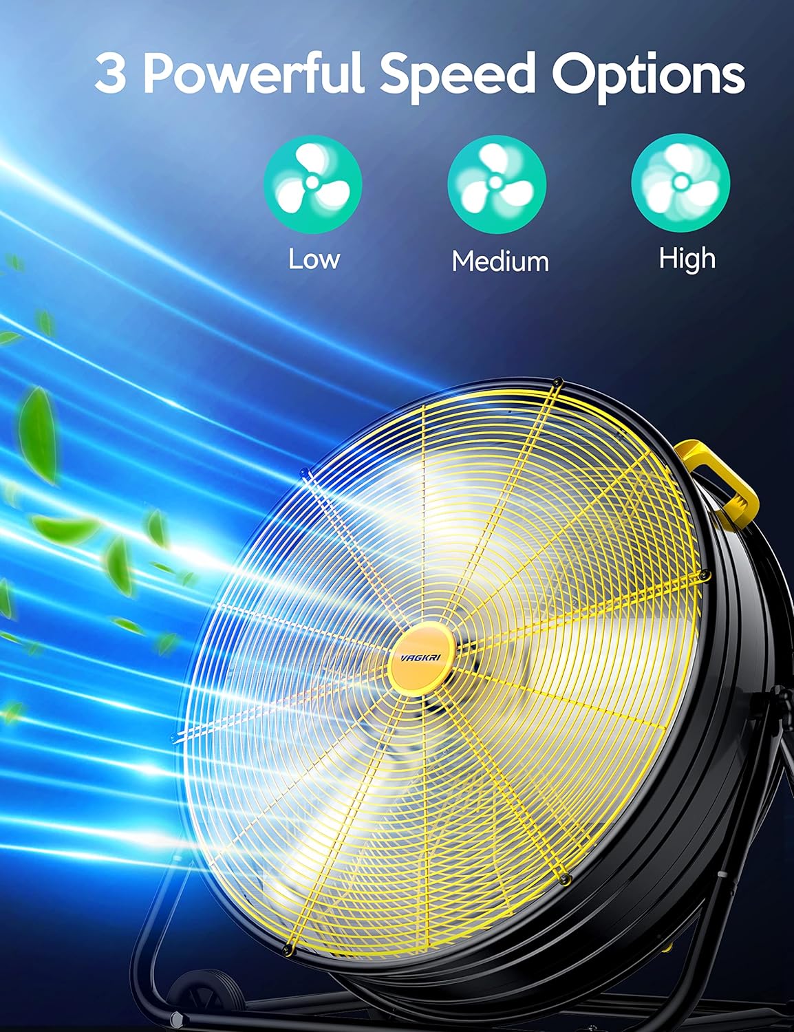 VAGKRI Ventilador Industrial de Tambor de 24 Pulgadas, Ventilador de Piso de Alta Velocidad de 320W, Circulador de Aire Metálico de 3 Velocidades para Trabajo Pesado, Inclinación de 360° con Mango